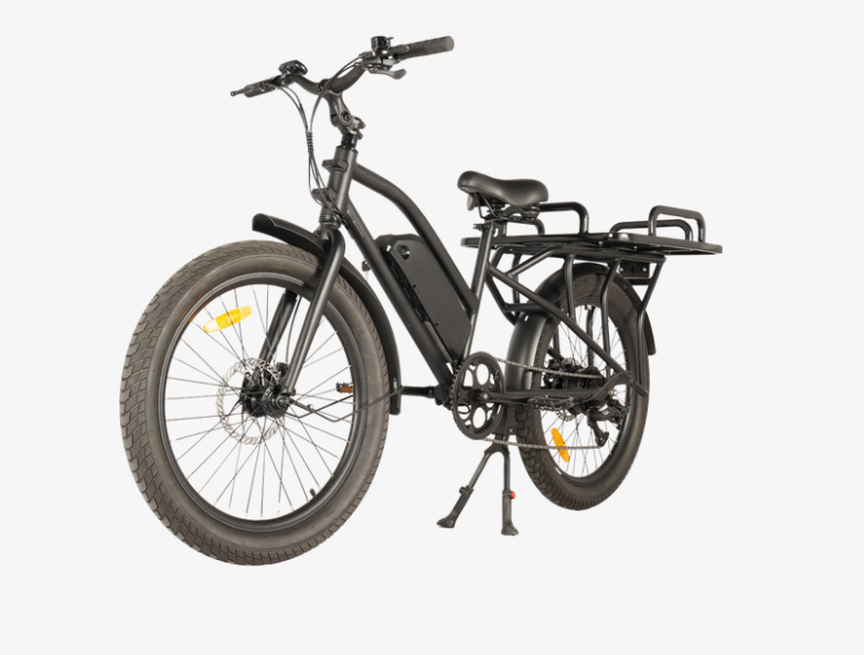 Vélo cargo électrique noir avec porte-bagages arrière